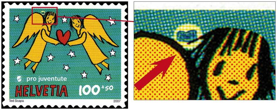 100+50 Rp. Weihnachtsengel, "Heiligenschein beim linken Engel"