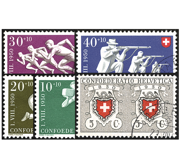 1950, 100 Jahre Eidgenössische Post und Sportdarstellungen