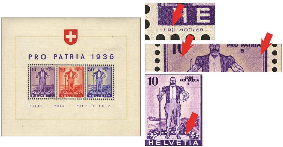 1936, Pro Patria (Eidgenössische Wehranleihe), "Verwaschenes, helles Markenbild, dadurch Senn auf hellem Boden, waagrechter violetter Wischstrich durch die 10 Rp. Marke und Ferd. Hodler stark defekt"