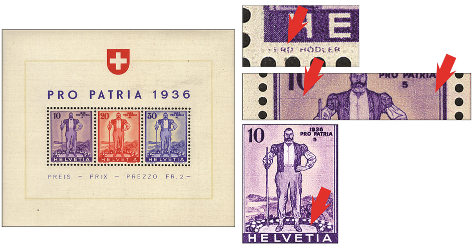 1936, Pro Patria (Eidgenössische Wehranleihe), &quot;Verwaschenes, helles Markenbild, dadurch Senn auf hellem Boden, waagrechter violetter Wischstrich durch die 10 Rp. Marke und Ferd. Hodler stark defekt&quot;