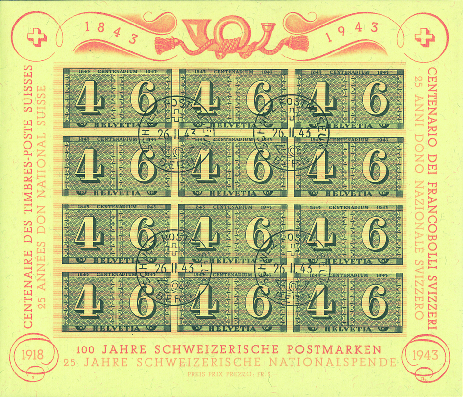 1943 Luxusblatt 100 Jahre Schweizerische Postmarken