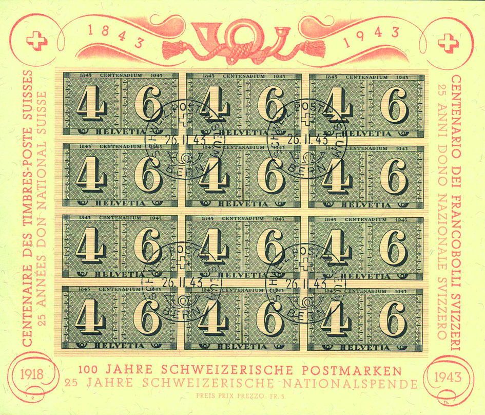 1943 Luxusblatt 100 Jahre Schweizerische Postmarken