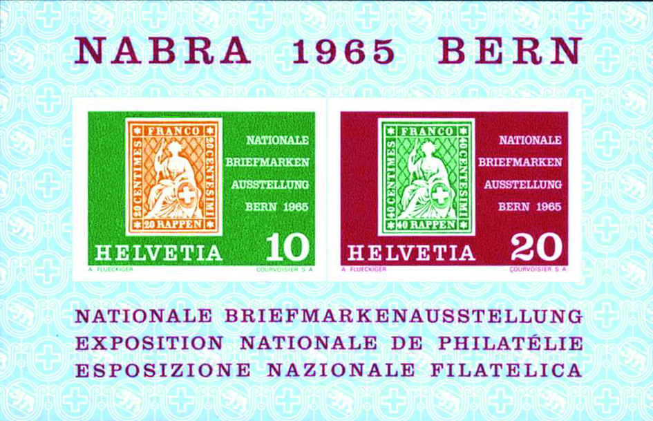 1965, Nationale Briefmarkenausstellung in Bern (NABRA), "Fehlender Dunkelblaudruck - ohne Rauten"