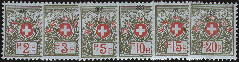 1911-1926, Schweizer Wappen und Alpenrosen, blaugrünes Papier