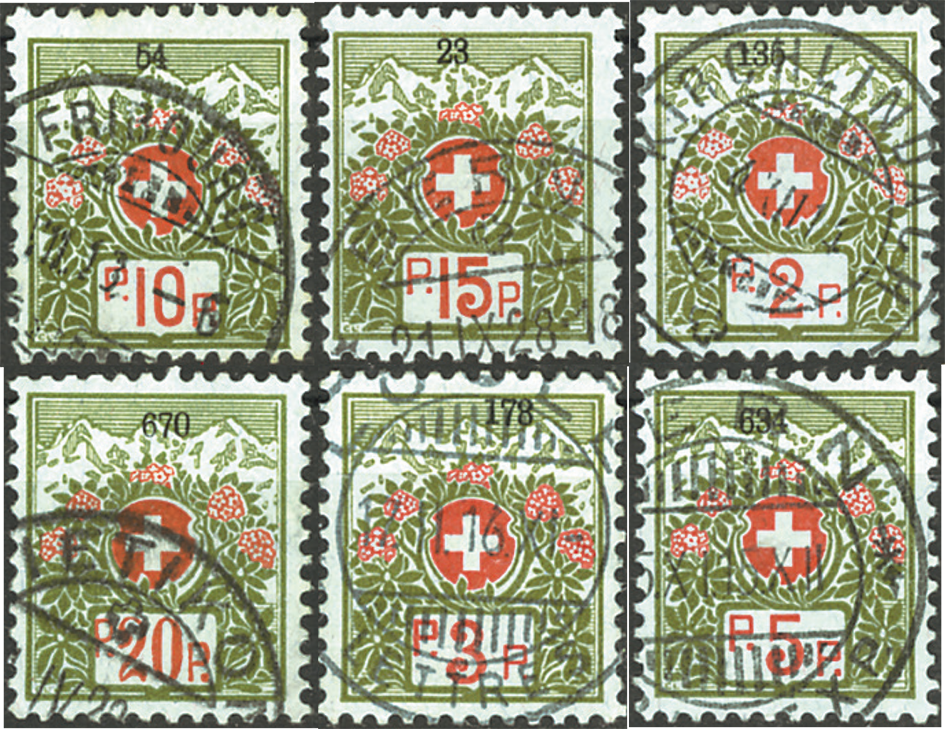 1911-1926, Schweizer Wappen und Alpenrosen, blaugrünes Papier