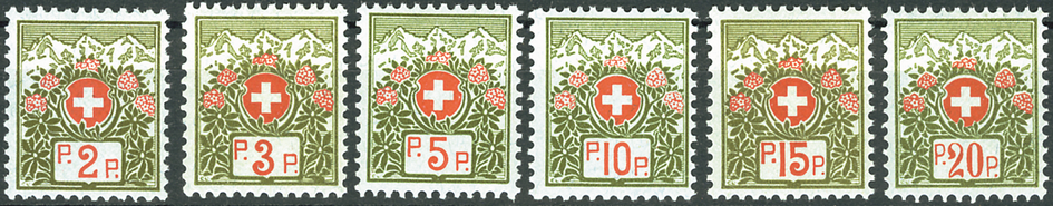 1911-1926, Schweizer Wappen und Alpenrosen, blaugrünes Papier