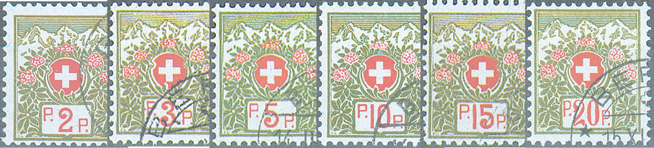 1911-1926, Schweizer Wappen und Alpenrosen, blaugrünes Papier
