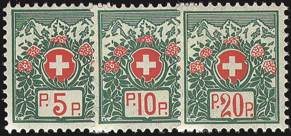 1927, Schweizer Wappen und Alpenrosen, Faserpapier