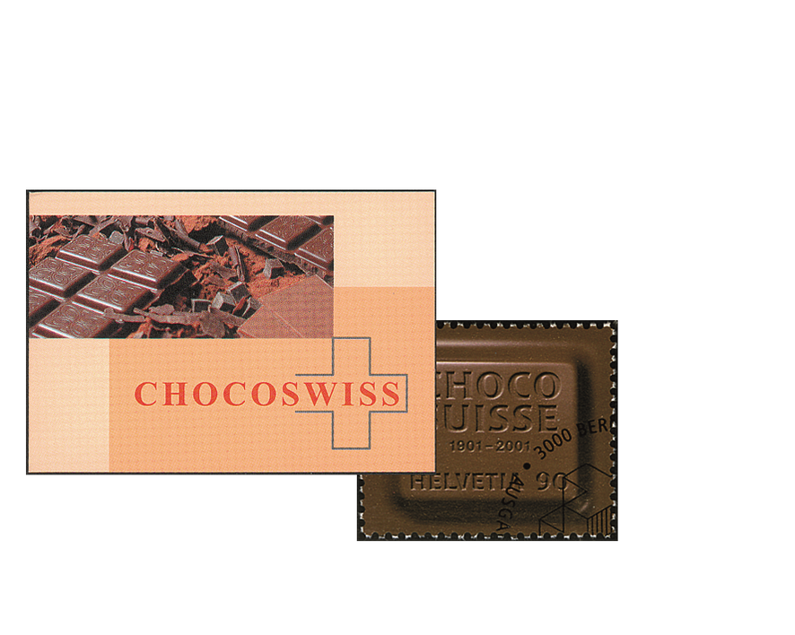 2001, 100 Jahre Choco Suisse, dunkel, Ersttagstempel