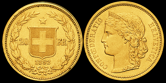1892, 20 Fr. Goldmünze "HELVETIA"