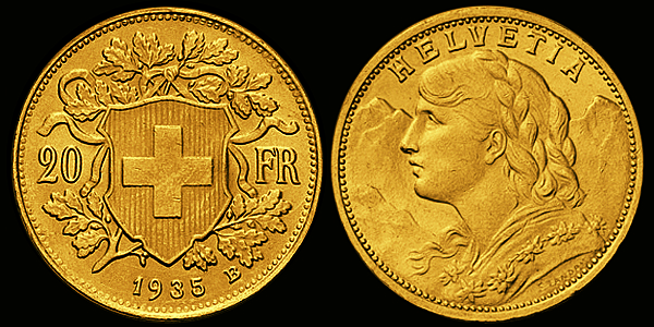 1935, 20 Fr. Gold-Vreneli