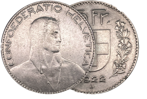 1922, 5 Fr. Silber-Kursmünze Hirtenkopf, erster Riesenfünfliber mit dem Hirtenkopf-Motiv