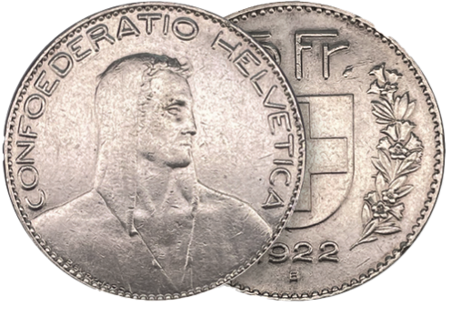 1922, 5 Fr. Silber-Kursmünze Hirtenkopf