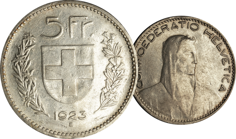 1923, 5 Fr. Silber-Kursmünze Hirtenkopf