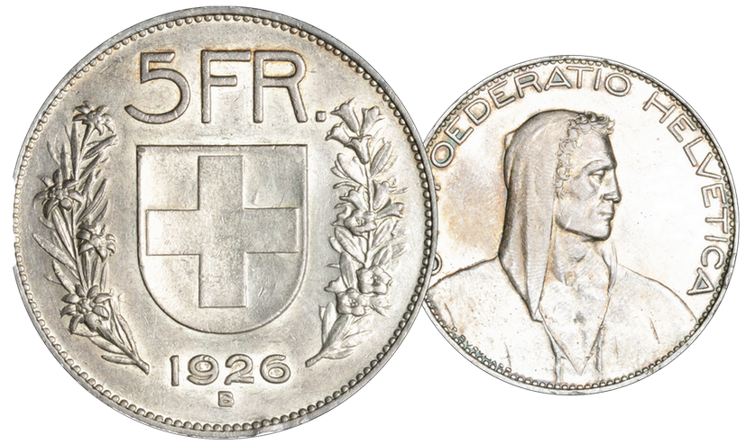 1926, 5 Fr. Silber-Kursmünze Hirtenkopf