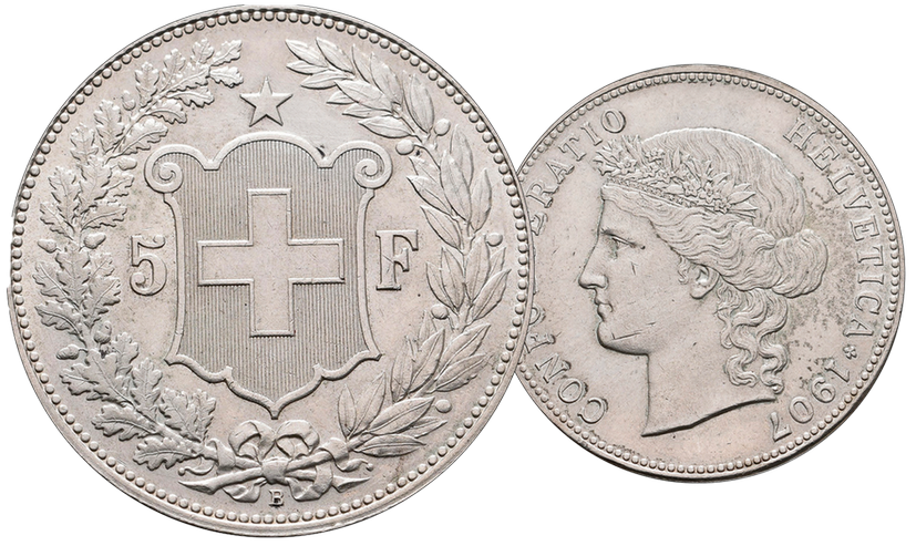 1907, 5 Fr. Silber-Kursmünze Helvetia Kopf