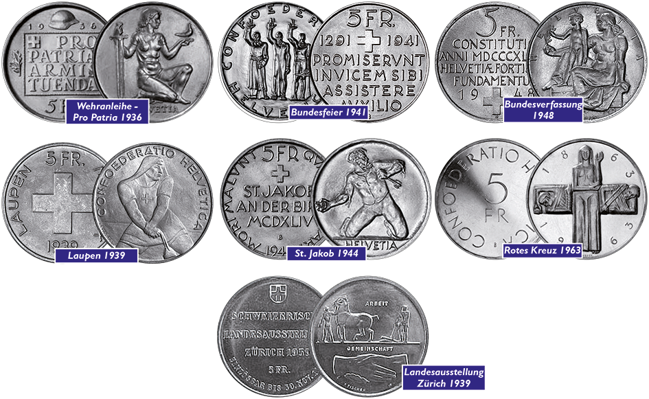 1936-1963, 5 Fr. Silber-Gedenkmünzen Komplett-Kollektion