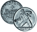 1944, 5 Fr. Silber-Gedenkmünze &quot;500 Jahre Schlacht bei St. Jakob&quot;