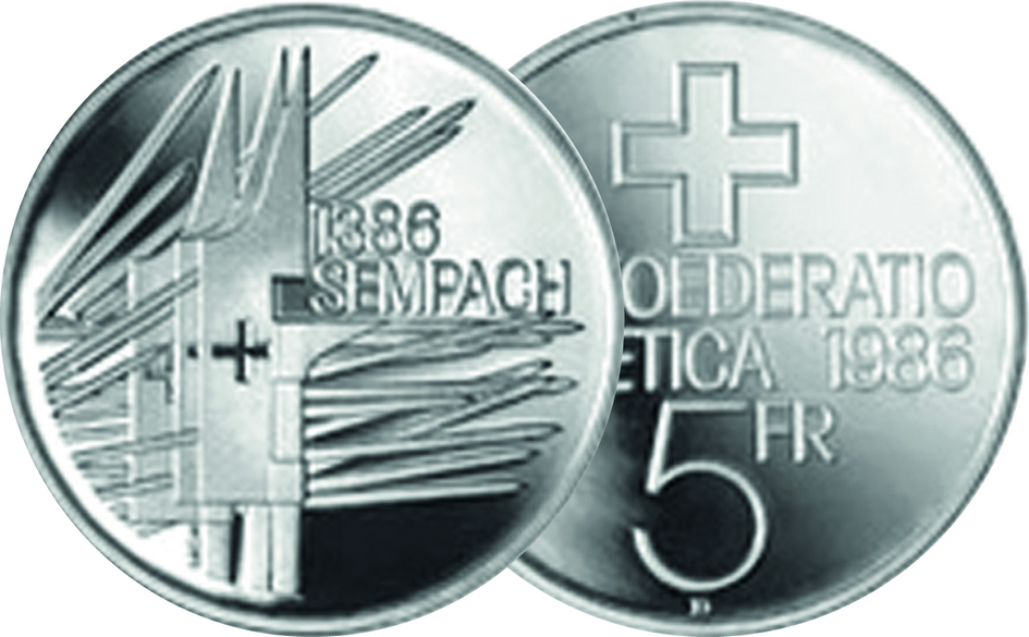 1986, 5 Fr. Gedenkmünzen &quot;600 Jahre Schlacht bei Sempach&quot;