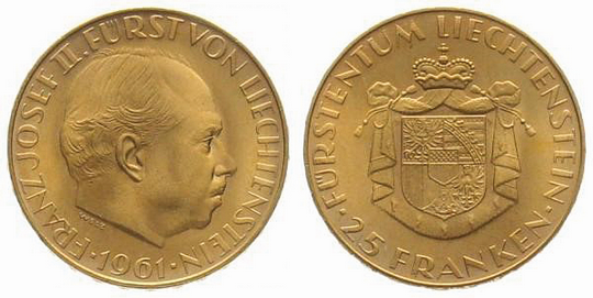 1961, 25 Franken &quot;Fürst Franz Josef II&quot;