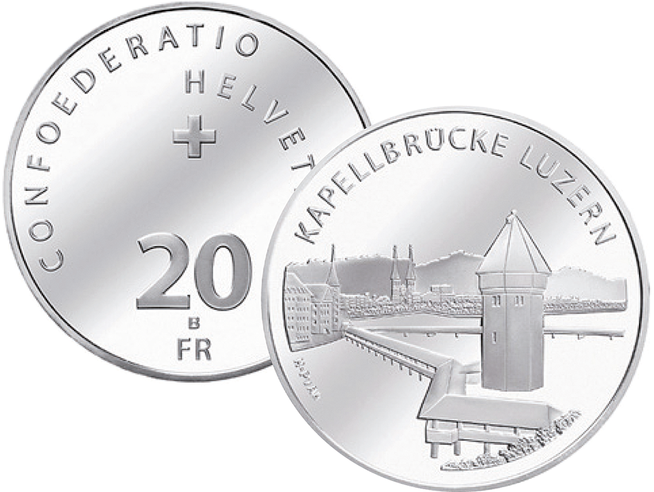 2005, 20 Fr. Gedenkmünze &quot;Kapellbrücke Luzern&quot;