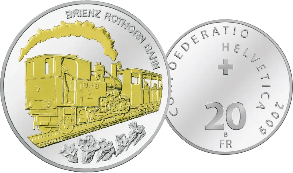 Schweizer Sondermünze "Brienz Rothorn Bahn" teilvergoldet.