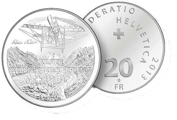 2013, 20 Fr. Gedenkmünze "Erste Alpenüberquerung im Flugzeug"