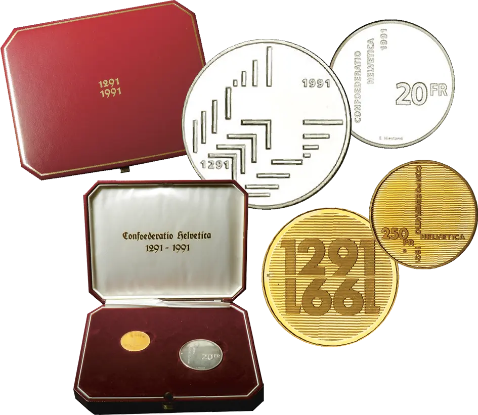 1991, Set, 250 Fr. Gedenkmünze (2. Auflage) und 20 Fr. Silbermünze "700 Jahre Eidgenossenschaft" (Silbermünze zum Nominalpreis)