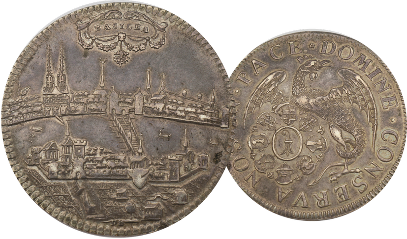 1700, Taler Basel mit ovalem Wappen und Stadtansicht