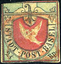 1845, Basler Taube schwarz-blau-karmin, Plattenfehler &quot;Farblose Haube auf der Taube&quot;