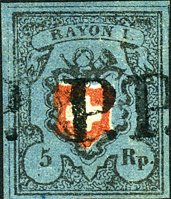 5 Rp. schwarz-rot-dunkelblau, Type 1