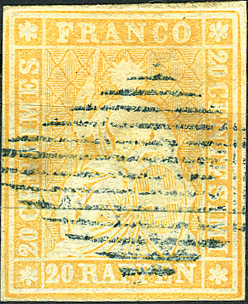 20 Rp. gelblichorange, Berner Druck, 1. Druckperiode, "Farbige Randlinie oben nicht ausgedruckt"