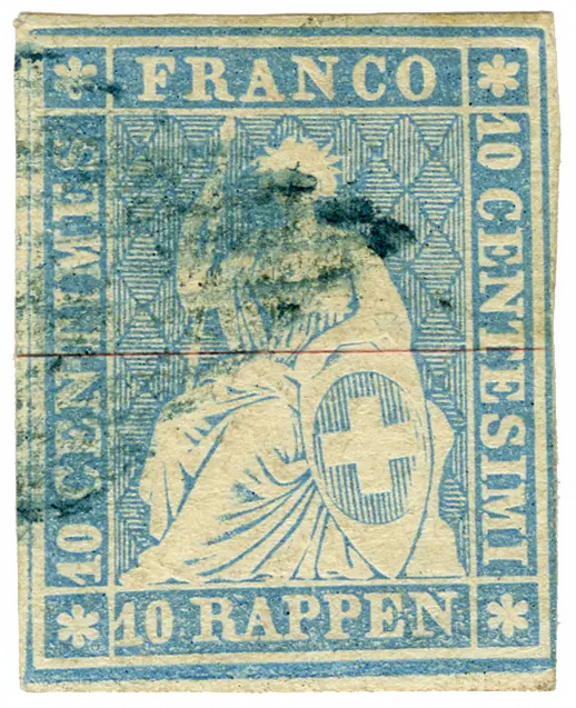10 Rp. hellgrünlichblau, Berner Druck, 2. Druckperiode, "Seltene milchblaue Nuance"