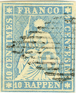 10 Rp. hellgrünlichblau, Berner Druck, 2. Druckperiode, "Seltene milchblaue Nuance"