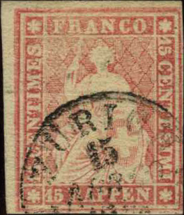 15 Rp. karmin, Berner Druck, 3. Druckperiode, "Doppelprägung oben im 1. Sternenquadrat und im linken Schriftband"