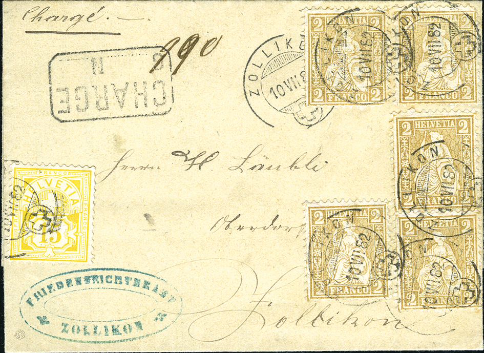 5 x 2 Rp. oliv (Helvetia), und 15 Rp. gelb (Ziffermuster)