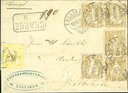 5 x 2 Rp. oliv (Helvetia), und 15 Rp. gelb (Ziffermuster)