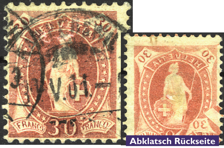 30 Rp. lilabraun statt hellbraun, "Rückseitig vollständiger Abklatsch"