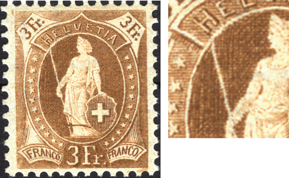 3 Fr. hellbraun, "Grobe Stichelretouche zwischen Speer und Kopf und links vom Speer"