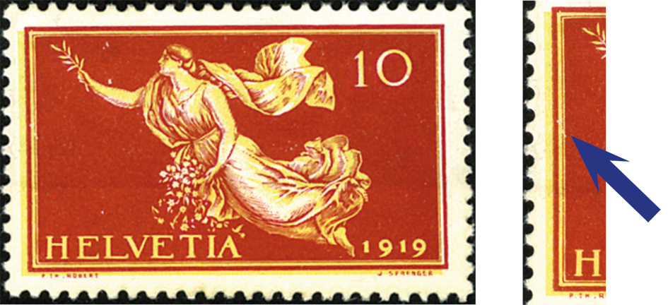 10 Rp. rot-gelb, "Stark verschobener Gelbdruck"