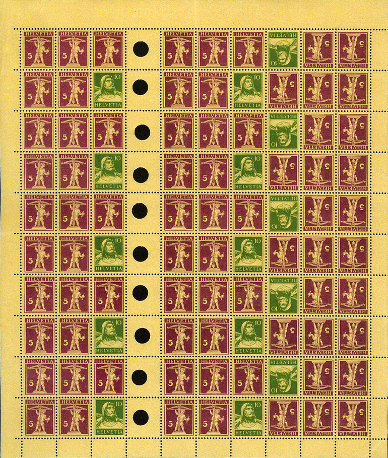 1921, Tellbrustbild, 10 Rp. grün und 1927, Tellknabe mit Armbrust, 5 Rp. rotlila, sämisch