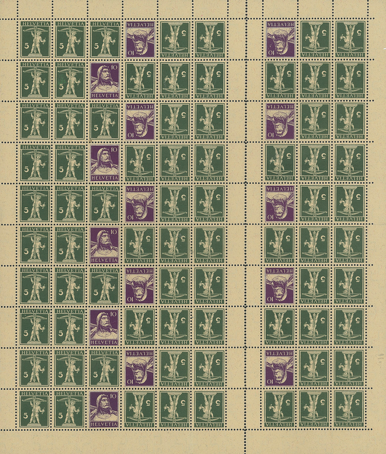 1930, Tellknabe mit Armbrust, 5 Rp. olivgrün, sämisch und 1930, Tellbrustbild, 10 Rp. dunkelviolett