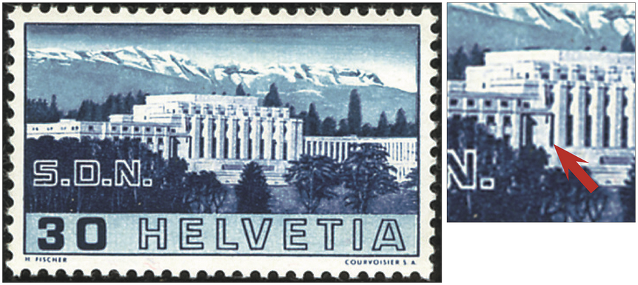 30 Rp. Völkerbundspalast, "Farbiger Strich vor der 1. Säule" sog. gebrochene Säule