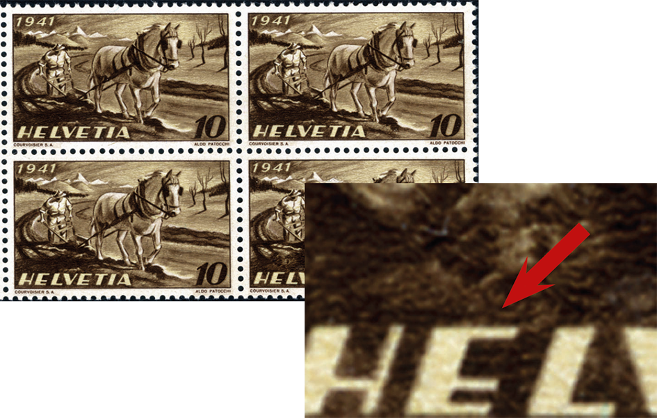 10 Rp. Bauer, Pferd, Pflug, "Retouche über dem ersten E von HELVETIA"