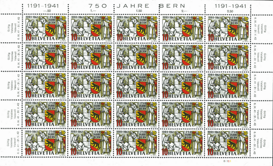 10 Rp. Herzog Berchtold, dunkelgrau-rot, &quot;Rot- und Schwarzdruck nach rechts ausgequetscht&quot;