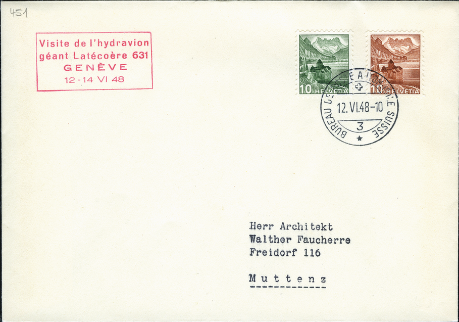 1948, 10 Rp. Schloss Chillon rötlichbraun und grün