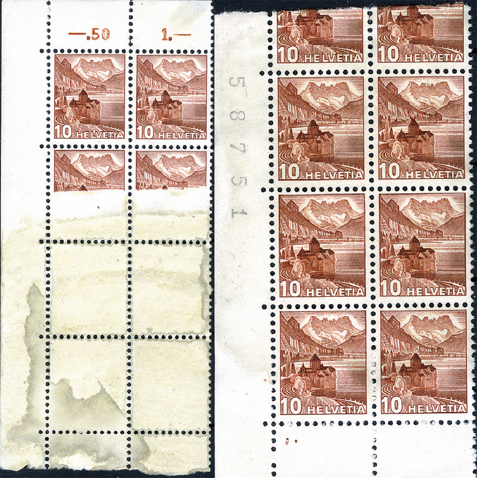 10 Rp. Schloss Chillon, rötlichbraun, "Auf die Klebestelle zweiteilig gedruckt"