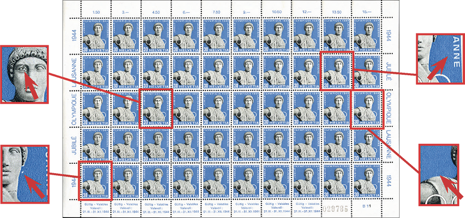 30 Rp. Apollo, blau-grauschwarz, Retouchen und Rastfehler: 261w.3.01, 261w.4.03, 261w.4.08, 261w.4.09