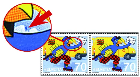 70 Rp. Globi bei der Post, "Blauer Punkt unterhalb des Schnabels im Fenster"