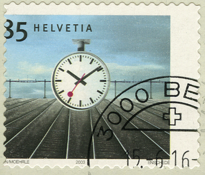 85 Rp. Bahnhofsuhr, "Markenbild stark nach links verschoben, sog. Bahnhofsuhr ohne 8"